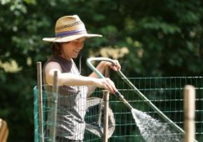 Woman in straw hat spraying water hose through a fence
