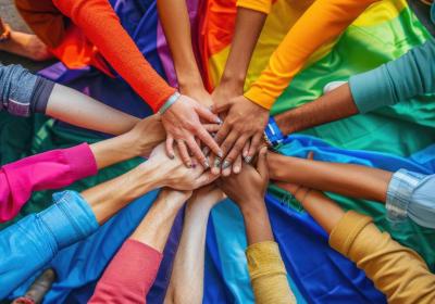 Hands together with rainbow colored sleeves