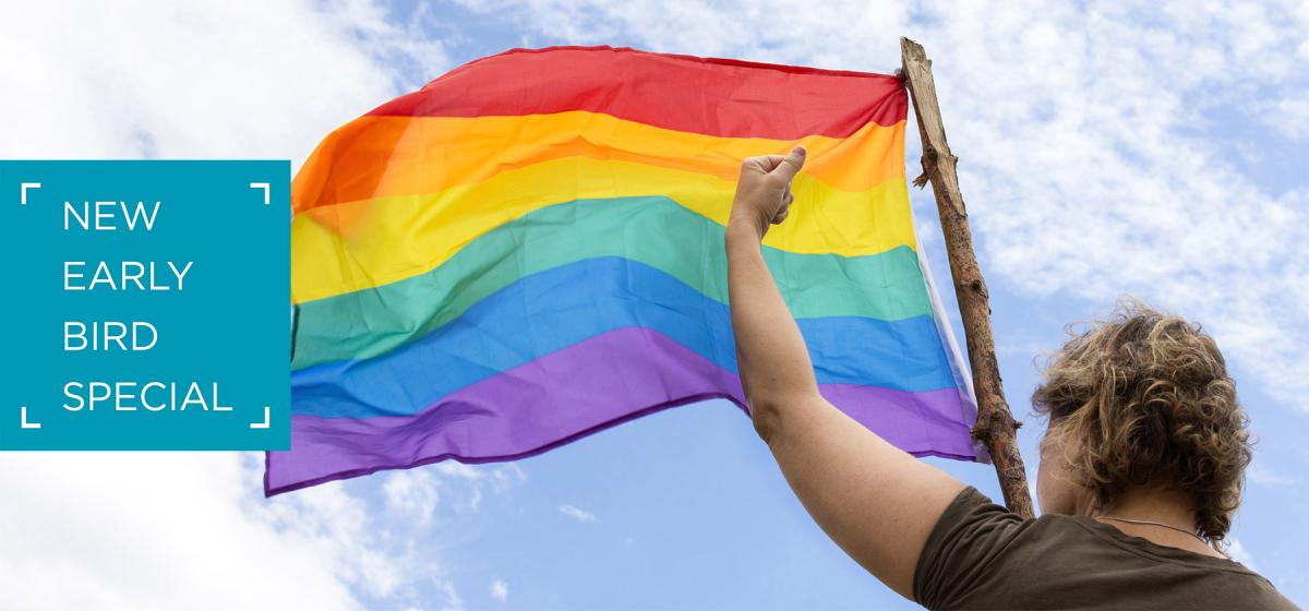 New Early Bird Special. Person holding up rainbow flag