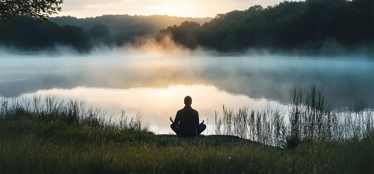 Person meditating on a lake shore at sunrise