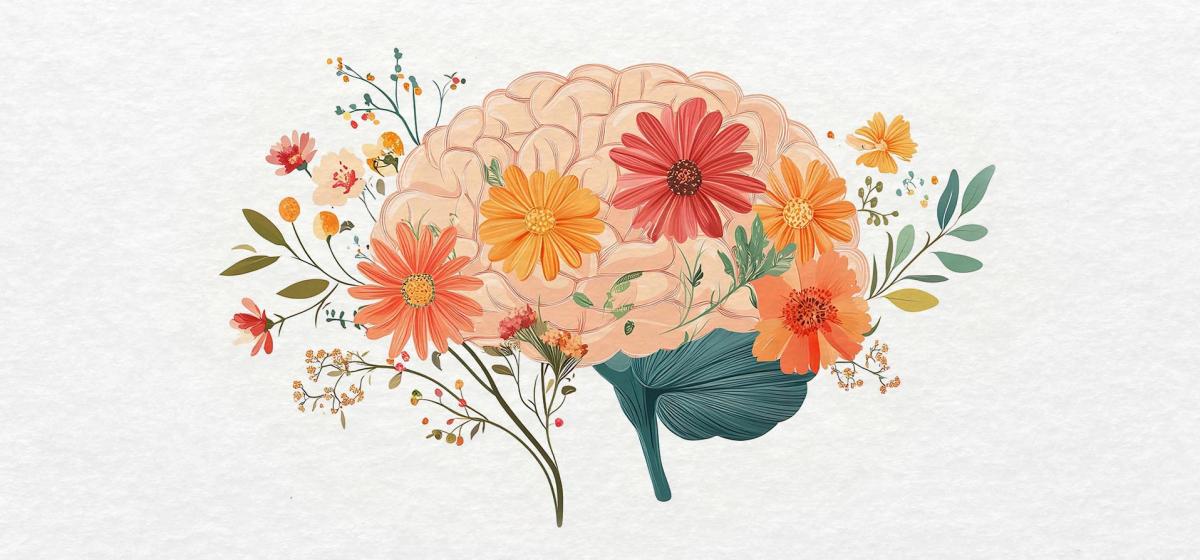 Illustration of brain with flowers blooming