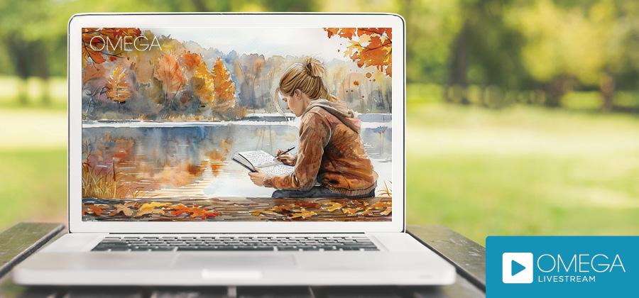 Woman writing in a journal next to a lake