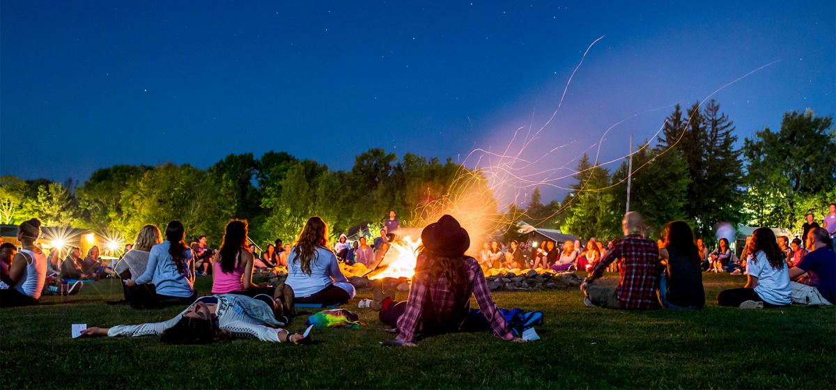 Group of people outside around a fire pit