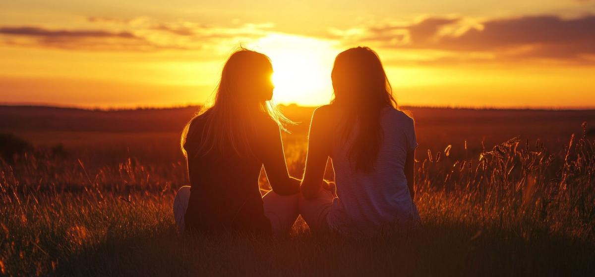 Two people sitting together at sunset